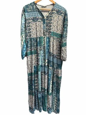 WOMM PLUS Floral Blue Multicolour Patchwork Floral Tiered Midi Dress size 8